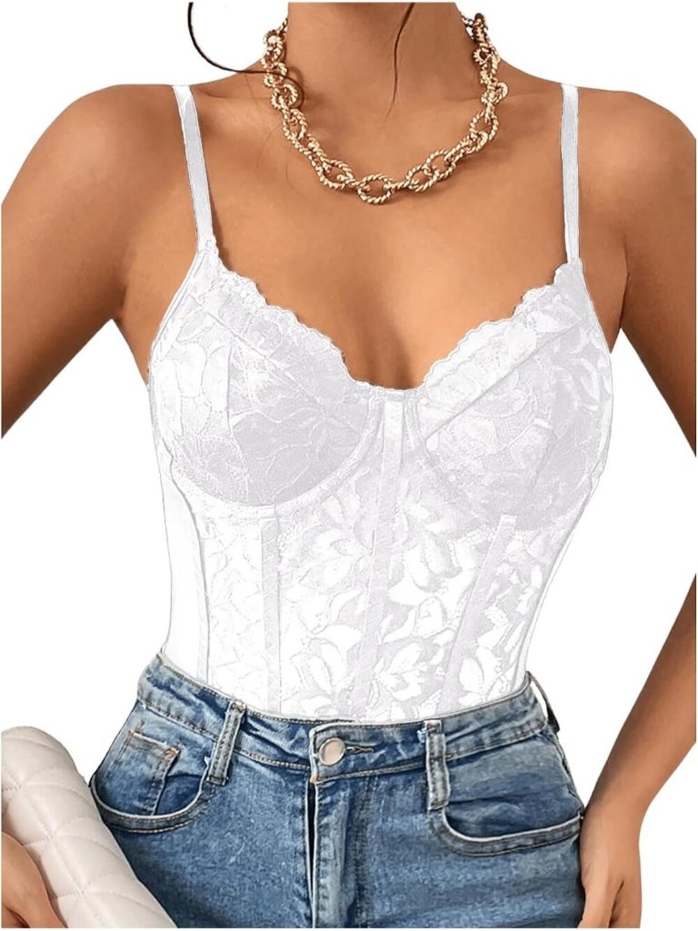 Women's White Underwire Sheer Mesh Bustier Spaghetti Bodysuit Lace Corset Top